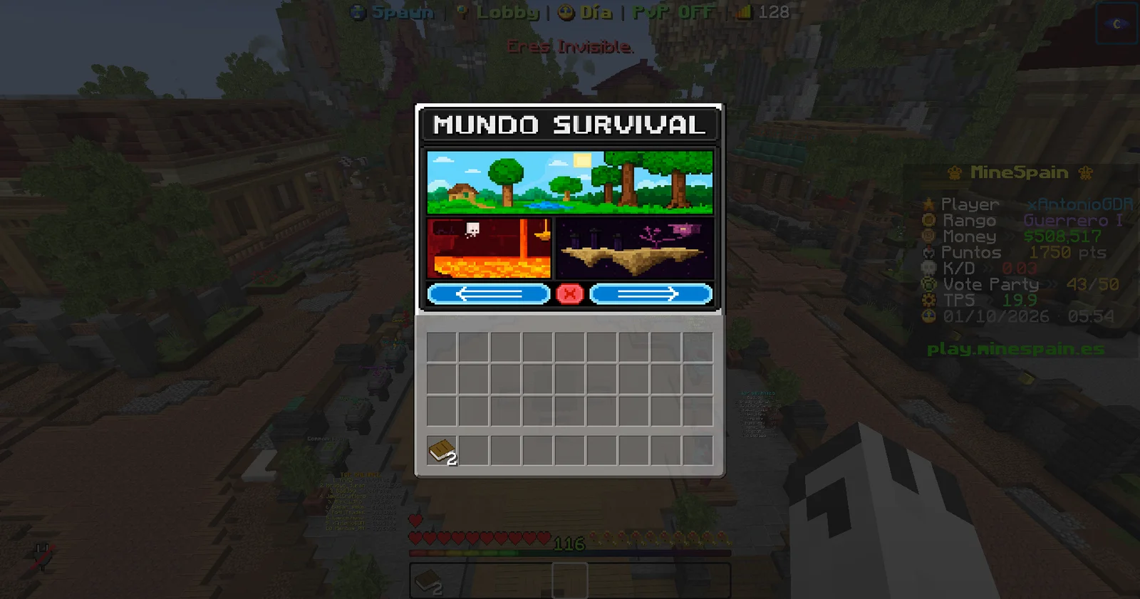 Selector de mundos survival en Java. Al pasar sobre cada opción aparecen sus requisitos.